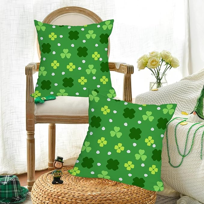 Fukeen 2 Pack Waterproof St Patrick’s Day Pillow Covers 16x16 Inch Lucky Clover Shamrocks Green Leaves Holiday Throw Pillow Cases Spring Farmhouse Decorations Cushion Cover Double Sided