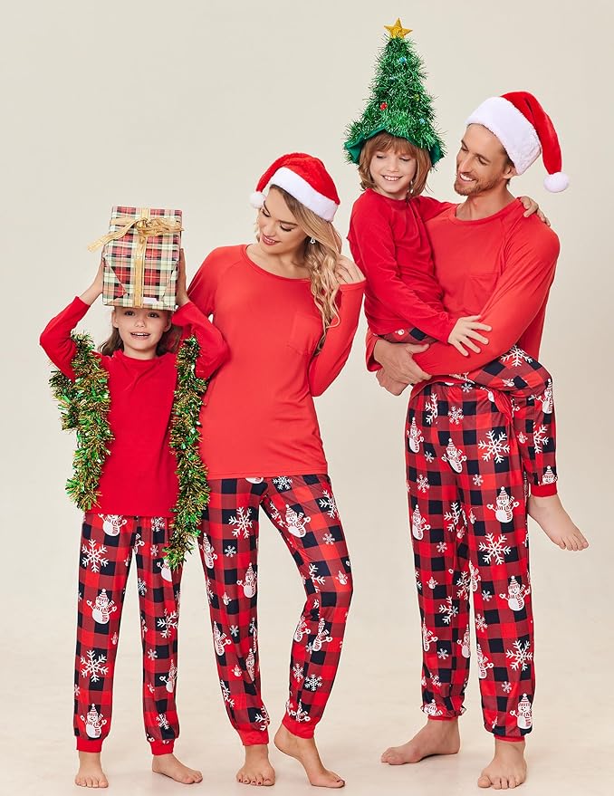 Ekouaer Family Matching Pajamas Christmas Sleepwear Long Sleeve Sleep Shirt with Plaid Pants Soft Loungewear Pjs Set S-XXL