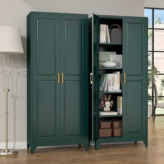 Kitchen Pantry Cabinet,75" Green Metal Storage Cabinets with Doors and 4 Adjustable Shelves,Kitchen Cabinet with 2 Gold Handles,Tall Cabinet for Livingroom,Pantry, Bathroom