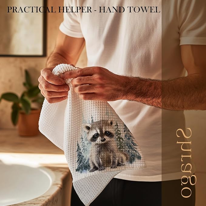 Winter Christmas Raccoon Kitchen Towels, Gifts for Raccoon Lovers Dish Tea Towels for Kitchen, Winter Pine Tree Forest Decorative Hand Towel for Kids Bathroom Decor, 16x24 Inch