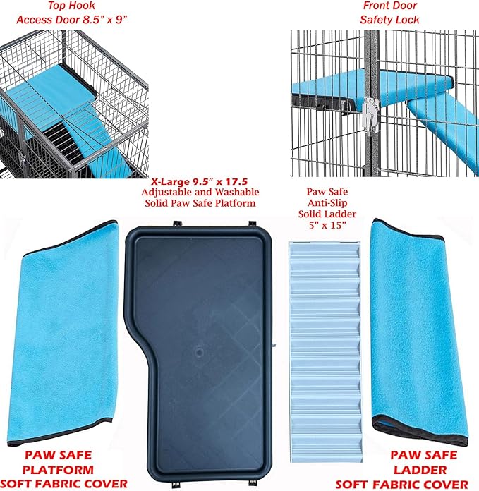 Deluxe Two Tiers Small Animal Critter Cage Tight 1/2-Inch Bar Spacing Water Bottle Food Bowl Feisty Ferret Hammock Chinchilla Rat Mice Squirrel Rabbit Sugar Glider Easy Clean Pull Out Grate Tray