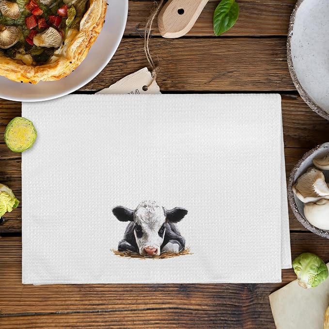 Funny Cow Kitchen Towels and Dishcloths Sets of 2, Cow Decor Stuff Gifts for Women, Woodsy Rustic Cabin Farmhouse Farm Nursery Home Decor Dish Hand Tea Towels for Bathroom Kitchen,16x24 Inch