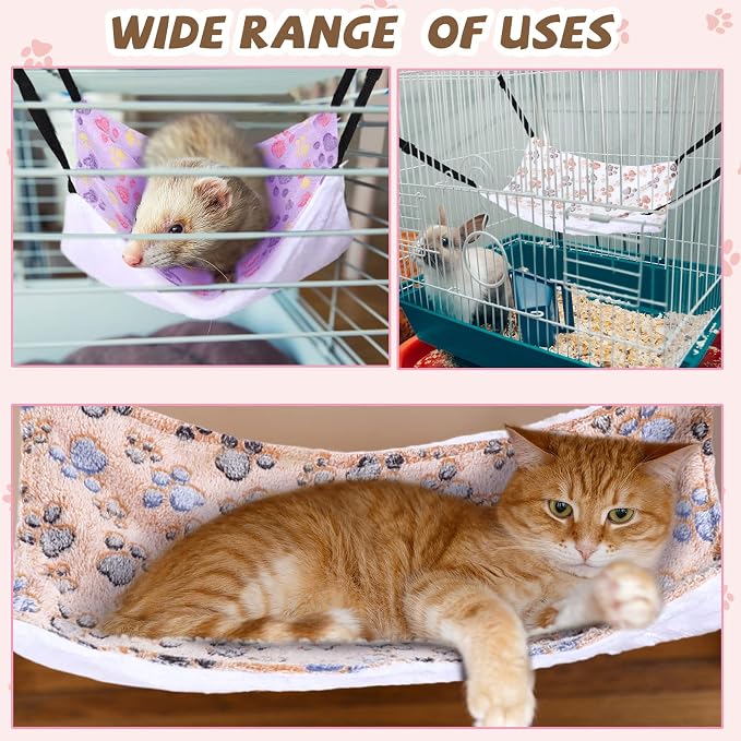 Geelin 4 Pcs Cat Hammock Hanging for Cage Bed, Paw, 16 x 20 Inch | Reversible Soft Pet Sleeping Hammocks with Adjustable Strap, Metal Hook, for Cat, Ferret, Puppy, Rabbit, Kitten, Small Animal