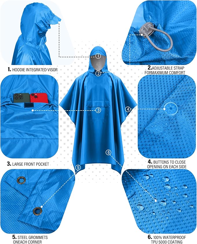iCreek Hooded Rain Poncho Packable Unisex Raincoat Jacket with Pocket Waterproof Lightweight for Hiking, Camping, Outdoor