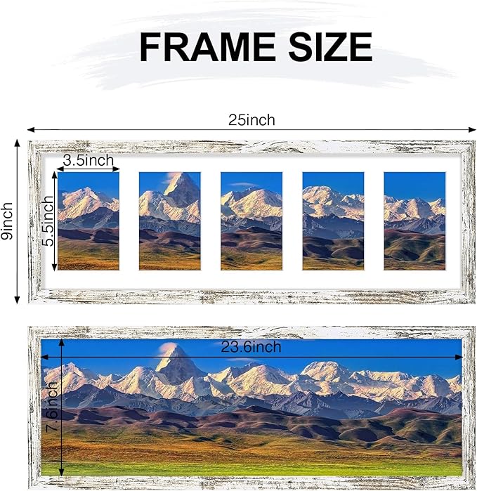 Vittanly 8x24 Collage Picture Frame, Displays 5Pcs 4x6 Pictures with Mat or 1Pcs 8x24 without Mat, Picture Frames Collage Wall Decor for Horizontal or Vertical Display, Distressed White, 1 Pack