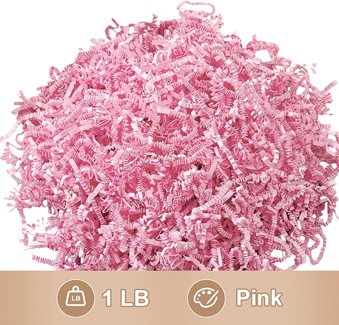 Wowxyz 1 LB Crinkle Cut Paper Shred Pink Crinkle Shredded Paper for Gift Baskets - Gift Box Bag Filler - Confetti Stuffing for Birthday, Holiday Present Packaging Wrapping