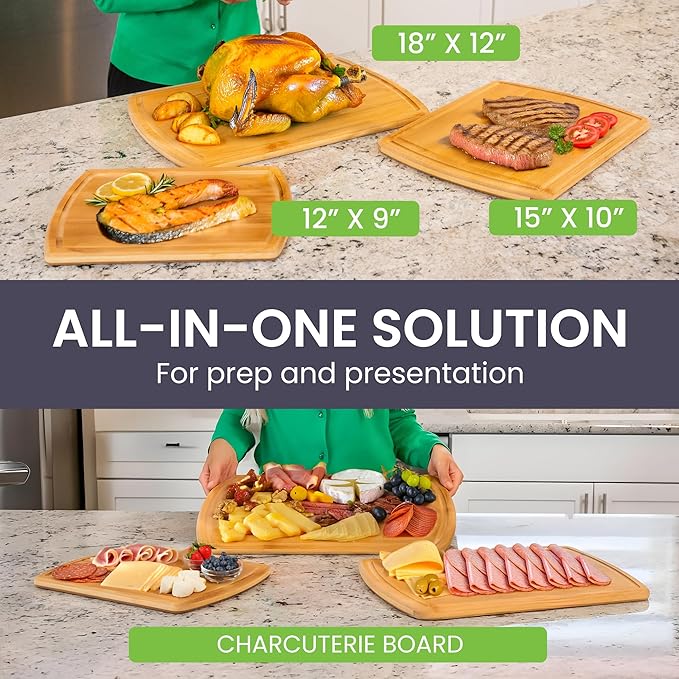 Wooden Cutting Boards for Kitchen with Glue-Free Surface and Lifetime Replacements – Organic Bamboo Chopping Board with Juice Grooves for Carving & Serving, Non Toxic & Durable by Greener Chef