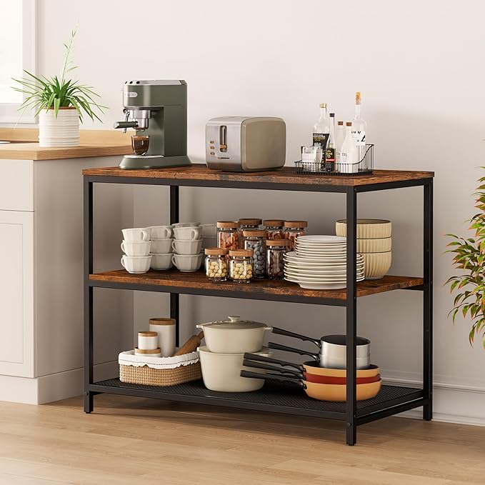 Homleke 39.4" L Kitchen Island with 3 Shelves, Kitchen Shelf with Large Workstation, Bakers Rack, Workbench, Metal Frame, Rustic Brown and Black