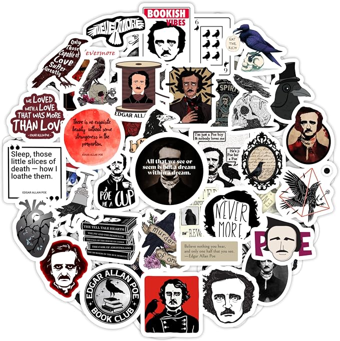 100Pcs Edgar Allan Poe Stickers for Water Bottle and Laptop - Edgar Allan Poe Party Supplies & Decorations, Waterproof Vinyl Decals, Literature and Gothic Stickers, Gifts for Women & Men