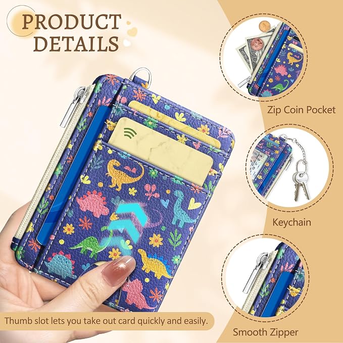 Kelvoris Credit Card Holder Small Wallet Women, Slim RFID, Cute Dinosaur | Keychain, Zipper Coin Pocket, Front Pocket Thin Travel Card Case, Minimalist, 6 Card Slots, 1 ID Window, Ladies Gifts Woman