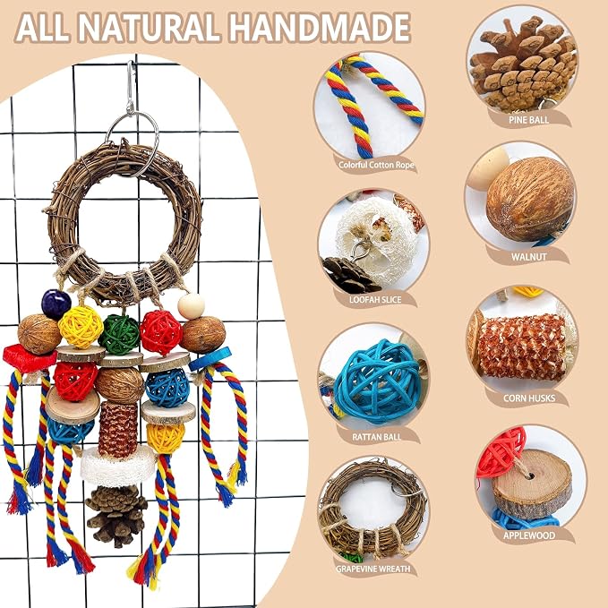 Bunny Chew Treats Toy for Teeth, 2PCS Rabbit Cage Hanging Chew Toys and Rattan Ring with Snack,Natural Material Chinchilla Treats Toys for Guinea Pig Gerbils Hamster Rat Teeth Grinding