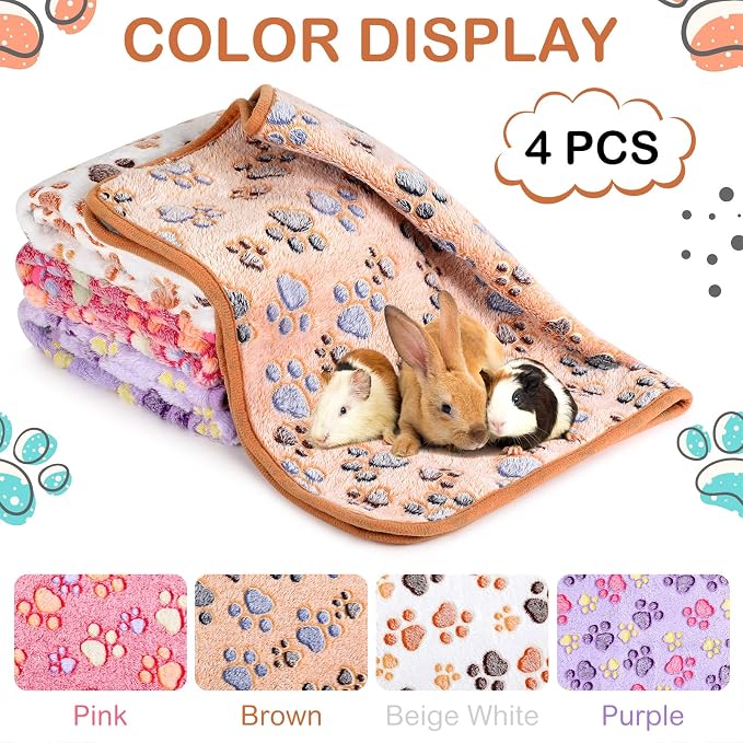 Reginary 4 Pcs Guinea Pig Fleece Blankets, Paw Print, 35 x 24 Inch | Waterproof Washable Cage Liners, Absorbent Double Layer Bedding for Guinea Pigs, Reusable Pads for Hamsters Rabbits