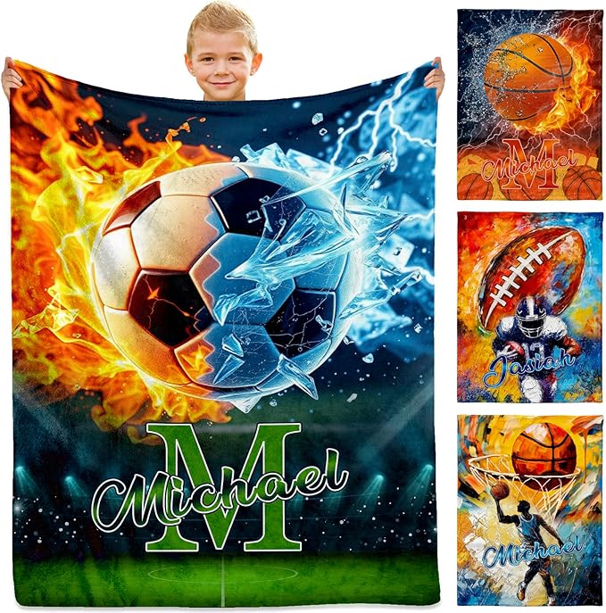 Personalized American Ball Games Blanket - Customized Throw Blanket for Kids Teens Adults Sports Lovers (Football Basketball Elements Design)