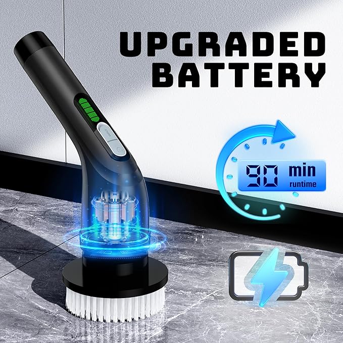 Shower Scrubber with Long Handle - Bathroom Power Electric Spin Scrubber for Cleaning Bathtub with 7 Brush Heads - Cordless IPX7 Waterproof Automatic for Grout, Tile, Tub, Toilet, Car