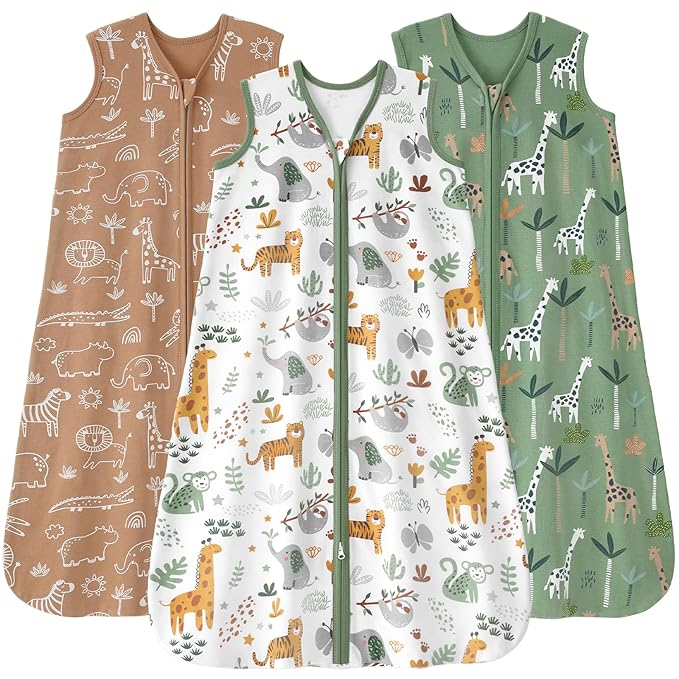 Baby Sleep Sack 12-18 months, 100% Cotton Sleeping Sack for Newborn and Infant, 3 Pack Baby Wearable Blanket for Boy and Girl, 0.5 Tog Lightweight Double Zipper Sleep Bag Green Brown Giraffe