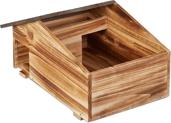 Relaxdays House, Wood, Hotel with Floor, 2 Chambers, Winter Quarters for Hedgehogs, Garden, HBT: 24 x 46 x 33.5 cm, Brown, 95% 5% Iron, 24x46x33,5 cm