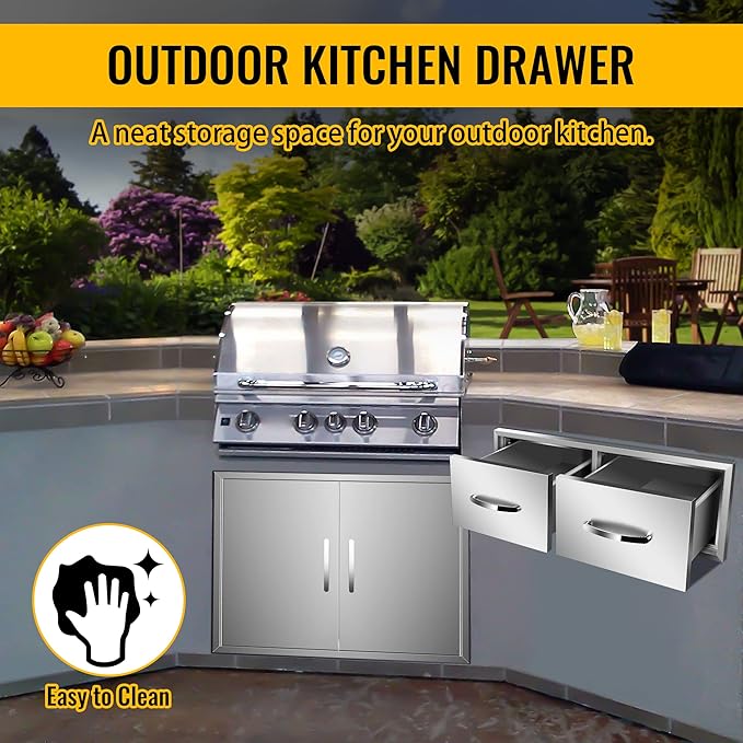 Outdoor Kitchen Drawers Stainless Steel 30W X 10H X 20D Inch, Flush Mount Double BBQ Island Drawers with Handle for Outdoor Kitchens, Patio or Grill Station