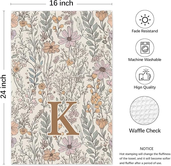 Initial K Personalized Floral Kitchen Towels Dish Towel, Custom Hand Towels for Bathroom, Monogrammed Gifts for Women Mom, Boho Floral Decorative Kitchen Towels Tea Towel, 16x24 Inch