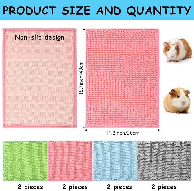 8 PCS Guinea Pig Liner Washable Rabbit Cage Liner 12x16 Inch Guinea Pig Fleece Bedding Pee Pads Reusable Absorbent Pet Mats for Small Animals, Bunny, Hamster (Gray, Green, Pink, Blue)