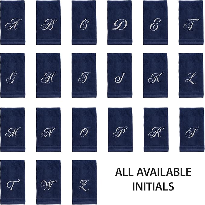 Creative Scents Navy Blue Monogrammed Towels with Initials - 4 Pack Super Absorbent Bathroom Fingertip Cotton Towel with Soft Velour Finish - Personalized Gifts for Freinds & Family 11"x18" Initial L