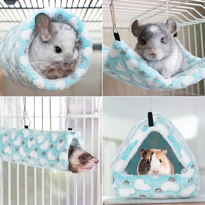 MCEAST 4 Pieces Small Pets Cage Accessories Hanging Hammock Sleeping Bag Tunnel and Bed Hideout Set Warm Sleep Nap Sack Bed for Hamster Ferret Squirrel Rabbit, Light Blue Hearts