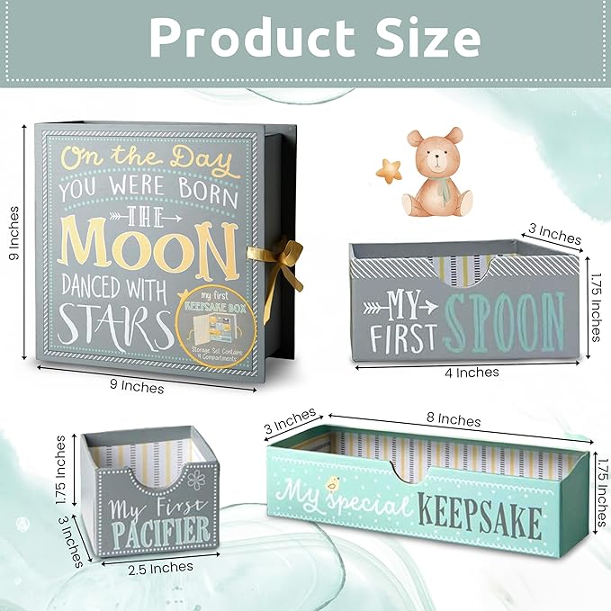 Votum Baby Keepsake Box for Treasured Memories, Moon & Stars - Lightweight, Handcrafted Baby Boxes with 9 Labeled Compartments for First Memories - Gender Neutral Baby Shower Gifts for Girls, Boys