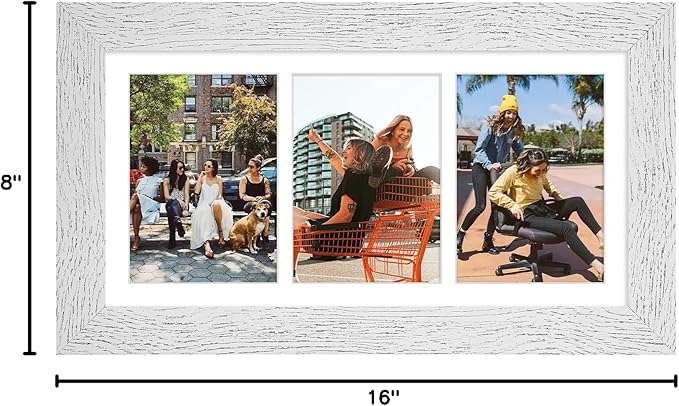 8x16 Picture Frame Display 3 opening Picture Frame 5x7 Collage,Multi Photo Frame with Mat,Plexiglass,Horizontal and Vertical Formats for Wall Decor,Distressed White Wood Grain