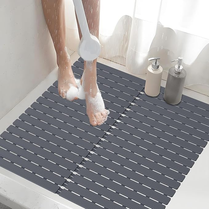 Shower Mat Non-Slip Bath Mat for Tub and Shower Stall,200+ Suction Cups with Drain Holes, Quick Dry Machine Washable, Extra Grip for Elderly and Baby, Bathroom Essentials 24x24 Inch (Light Grey)