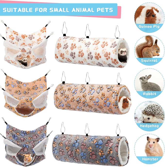 Sweetude 6 Pcs Hammock Tunnel Set for Small Pets,Cute,Paw | 3 Tier Hanging Hideout, Guinea Pig Hamster Chinchilla Ferret, Soft Plush Cage Accessories for Sleep Play and Rest