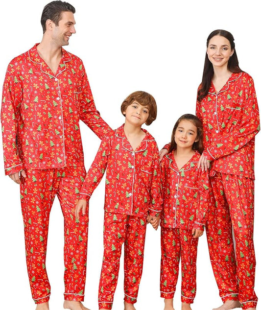 ANGELGGH Family Christmas PJs Matching Sets 2 Pcs Festival Party Pajamas Holiday Warm Sleepwear Couples Button Loungewear