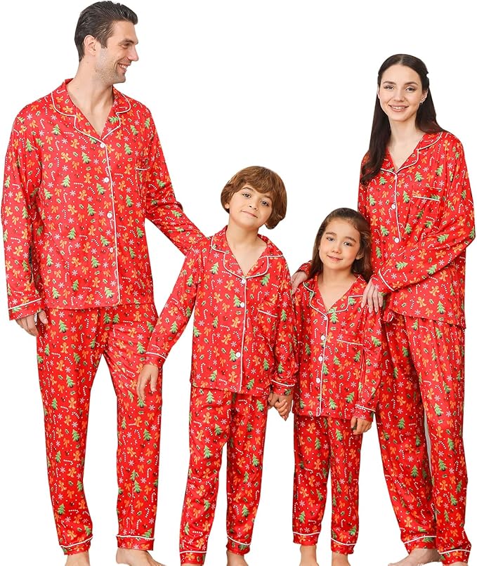 ANGELGGH Family Christmas PJs Matching Sets 2 Pcs Festival Party Pajamas Holiday Warm Sleepwear Couples Button Loungewear