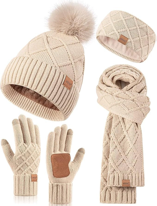 Womens Winter Hat Gloves Scarf Headband Set, Pom Pom Beanie Long Scarf Touchscreen Gloves Ear Warmer, 4 in 1 Warm Gift Set