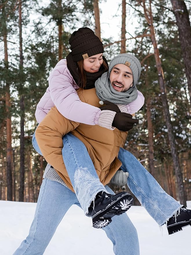 Winter Beanie Hat Scarf Gloves, Warm Fleece Knit Hats Touch Screen Gloves Neck Scarf Set Winter Gifts for Unisex Adult