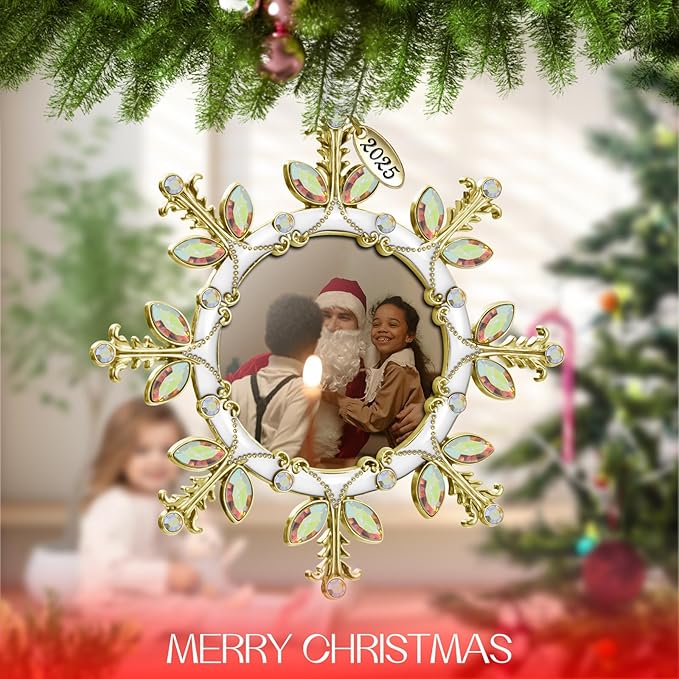 2025 Christmas Tree Ornament Snowflake Picture Frame Metal Hanging Pendant Holiday 2" Photo Frame Charm Decorative of Pets, Baby First Christmas, Family (Golden)