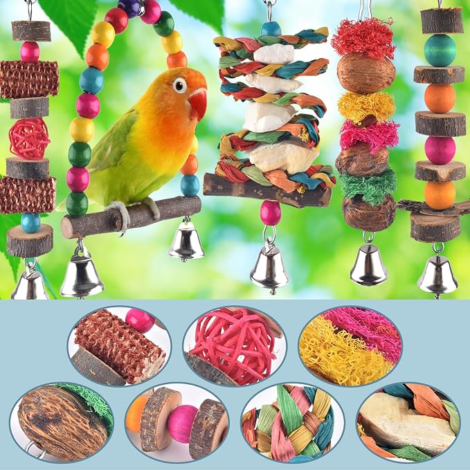Bissap 7‑Pack Bird Chew Toys, Natural Wood Perch for Small Medium Parrots | Reduces Cage Boredom, Hanging Wooden Set with Chew Toys & Perch Stand, Fits Conure, Cockatiel, Parrotlet, Lovebird, Budgie