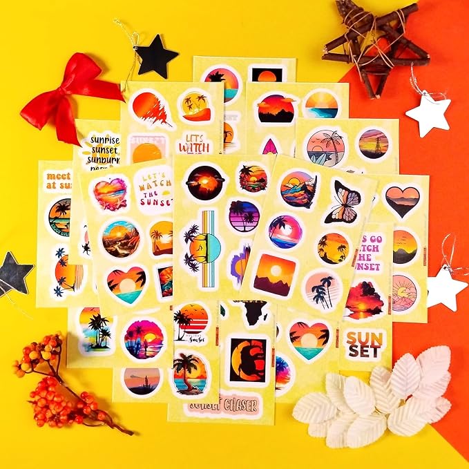 100Pcs Sunset Stickers - Beach Stickers, Sun Decals, Summer Decals for Water Bottle and Laptop, Palm Trees Party Supplies & Decorations, Beachy Stuff, Gifts for Women & Men