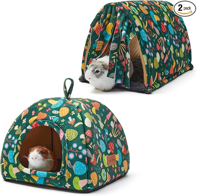 Guinea Pig Hideout Soft Large Bed Tunnel with Door Curtain 2 Pack Guinea Pig Toys Set Bunny Bed Cage Accessories for Small Animals (Blackish Green Mushroom)