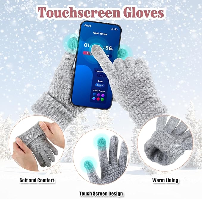 SATINIOR 5 Pcs Winter Hat Scarf Gloves Set Fleece Warm Lined Knit Beanie Hat Touch Screen Earmuff Gloves Warmer for Women(Gray,Cool Style)
