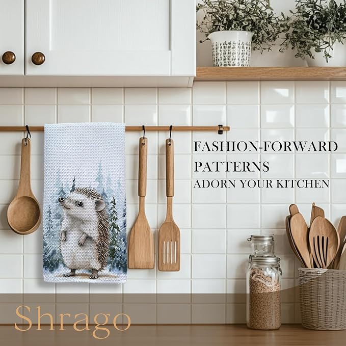 Winter Christmas Hedgehog Kitchen Towels, Hedgehog Gifts Dish Tea Towels for Kitchen, Winter Pine Tree Forest Decorative Hand Towel for Kids Bathroom Decor, 16x24 Inch