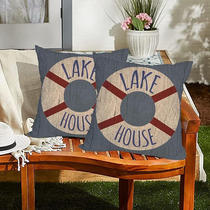 Fukeen 2 Waterproof Outdoor Lake House Pillow Covers 20x20 Inch Vintage Summer Coastal Nautical Life Buoy Throw Pillow Cases Ocean Rustic Farmhouse Decorations Cushion Cover Double Sided