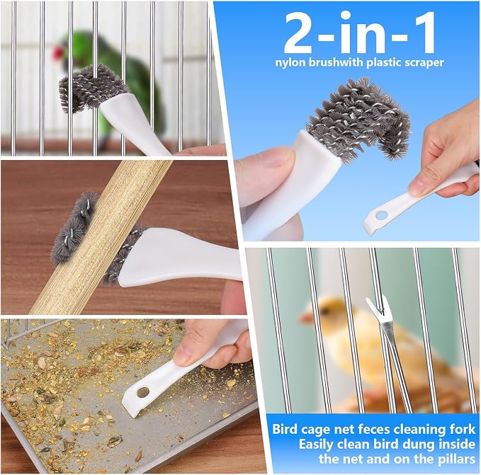 XANGNIER Bird Cage Cleaner Brush Kit Accessories,4 Pcs | Bird Poop Remover Cleaning Tools Set Accessories for Small,Medium,Large,Tall,Parakeet,Budgie,African Grey Parrot Birds Cage