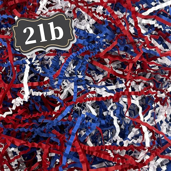2 LB Red White Blue Crinkle Cut Paper Shred Filler Great for Gift Wrapping, Basket Filling, Birthday, Wedding, Halloween, Thanksgiving, Christmas Day, New Year Party Decorations Filling Supplies