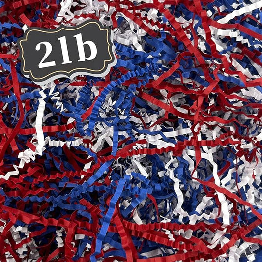 2 LB Red White Blue Crinkle Cut Paper Shred Filler Great for Gift Wrapping, Basket Filling, Birthday, Wedding, Halloween, Thanksgiving, Christmas Day, New Year Party Decorations Filling Supplies