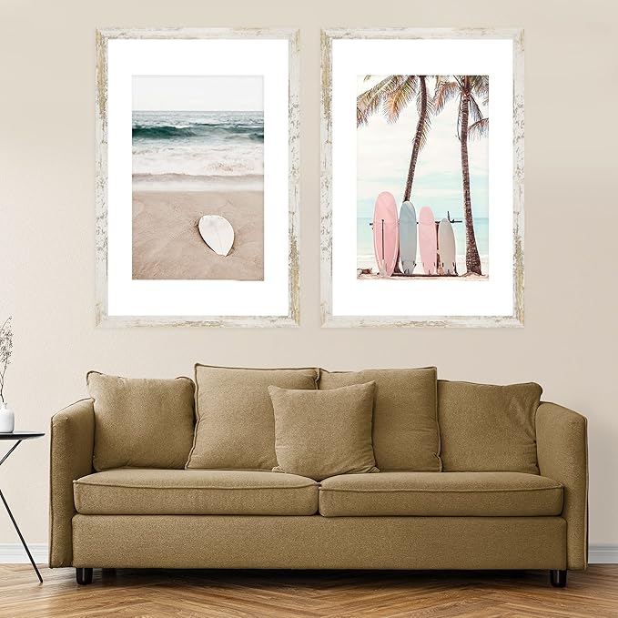 14x22 Picture Frame Set of 2, Distressed White Wood Style - Display 14 x 22 Picture without Mat or 12x18 Picture with Mat, Wall Mounting Horizontal and Vertical