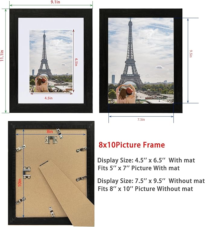 8x10 Picture Frame Set of 4, Made of Real Glass and Rustic Black Wooden Frame, 8 by 10 Photo for Wall or Tabletop - Display Picture 5x7 with Mat or 8x10 Without Mat