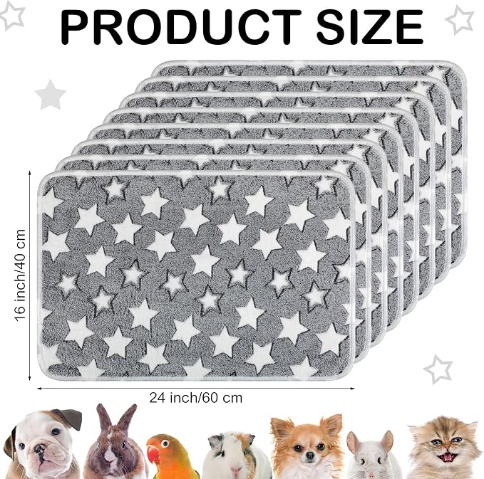 Tudomro 8 Pcs Guinea Pig Fleece Cage Liners, Grey Star, 16 x 24 Inch | Washable Reusable Small Animal Bedding, Absorbent Blankets for Ferret Chinchilla, Soft Fleece Mat Pads Protect Furniture