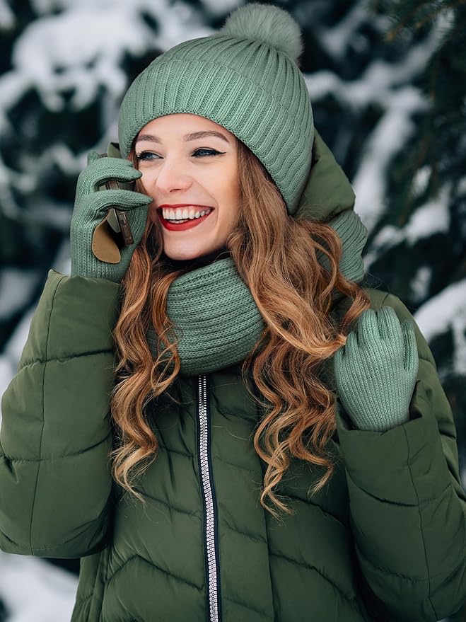 LOROME Women Winter Beanie Hat Scarf Gloves Set, Fleece Knitted Pompom Hat Warm Neck Scarf Touchscreen Gloves Winter Gift