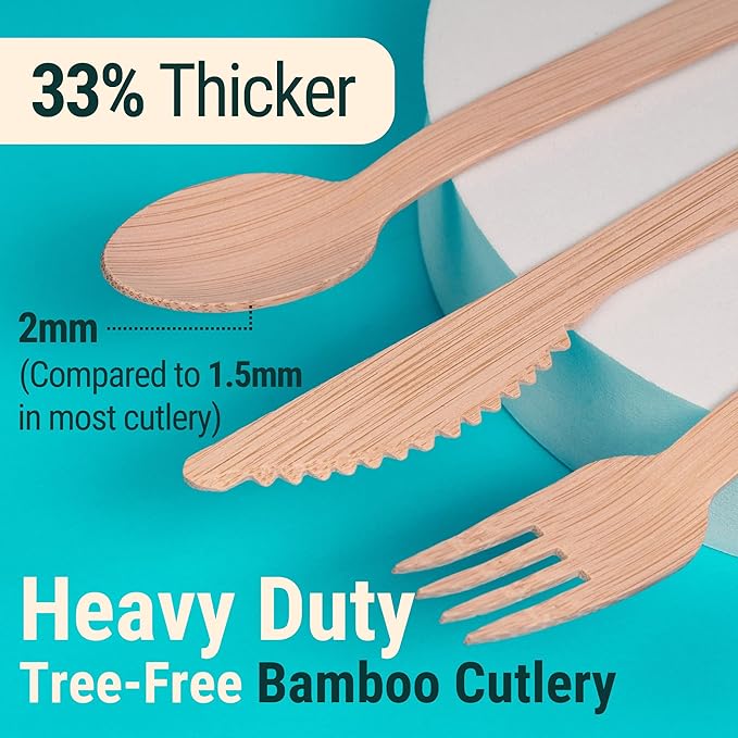 Bamboo Cutlery Set 300 Pcs (100 Forks 100 Knives 100 Spoons) Reusable & Disposable Bamboo Utensils Set | Splinter-Free, Sturdy, Compostable Cutlery Set| FSC Certified