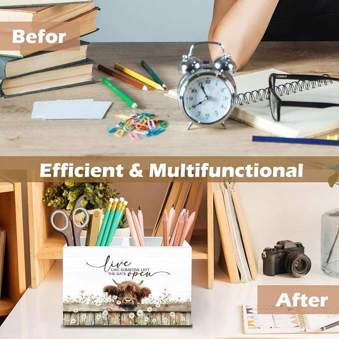 DILSJ Inspirational Highland Cow 2 Compartment Pen Pencil Holder Organizer for Desk, Highland Cow Gifts for Women, Live Like Someone Left The Gate Open Wooden Box Signs for Home Office Desk Decoration