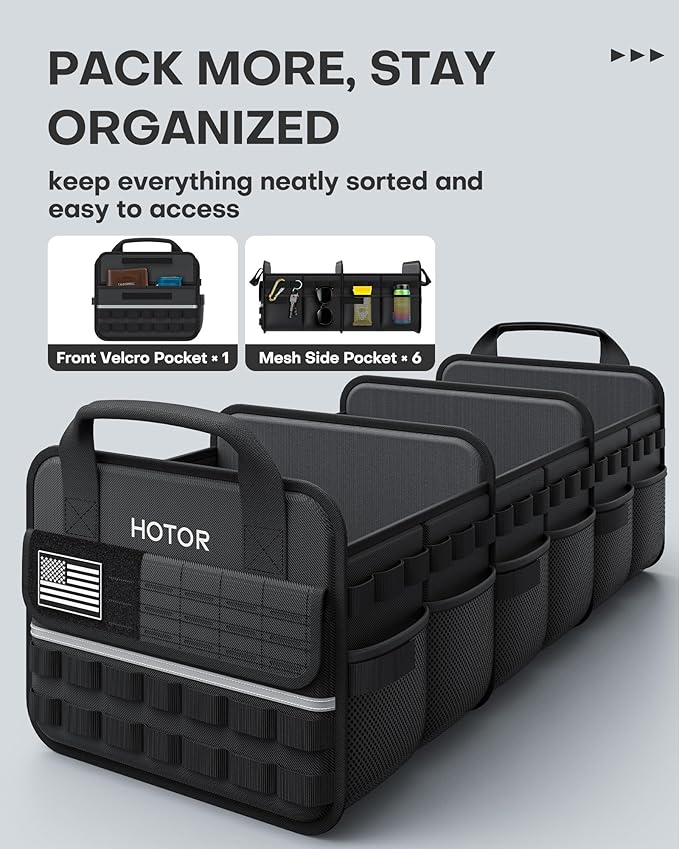 HOTOR Tactical Car Trunk Organizer - Foldable Trunk Organizer for SUV with Front MOLLE Pocket & Reflective Strips, Essential Car Accessories for Tools & Outdoor Storage, 12.8" x 32.3" x 11.0", Black